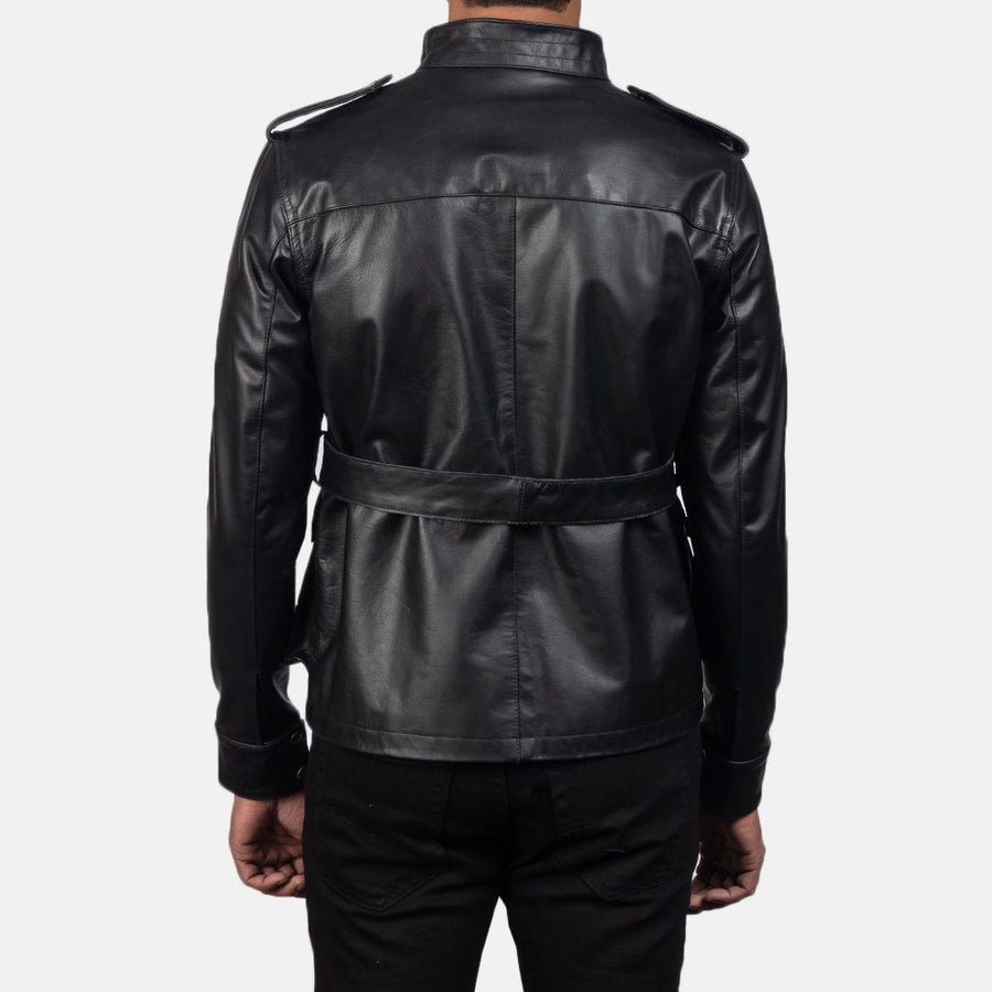 Men’s Black Semi-Aniline Cowhide Leather Jacket with Snap Button Closure