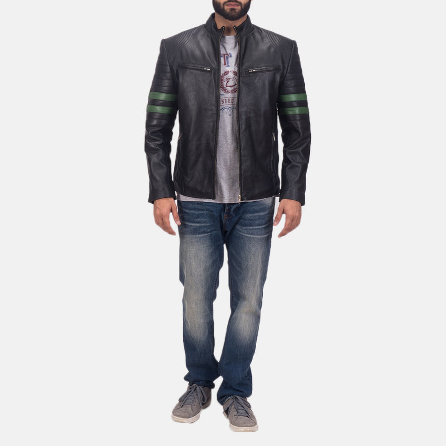 Men’s Black Genuine Cowhide Leather Jacket with Green Sleeve Stripes