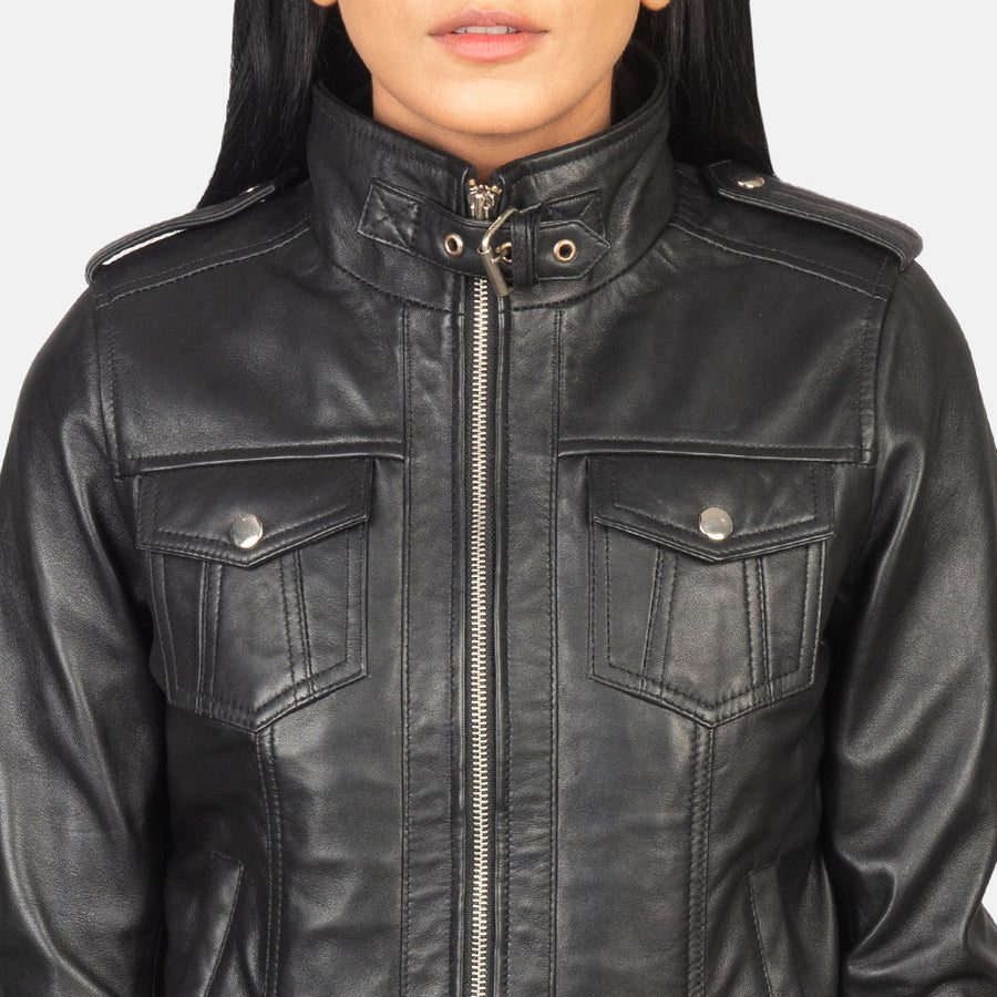 Genuine Sheepskin Leather Hooded Bomber Jacket For Women