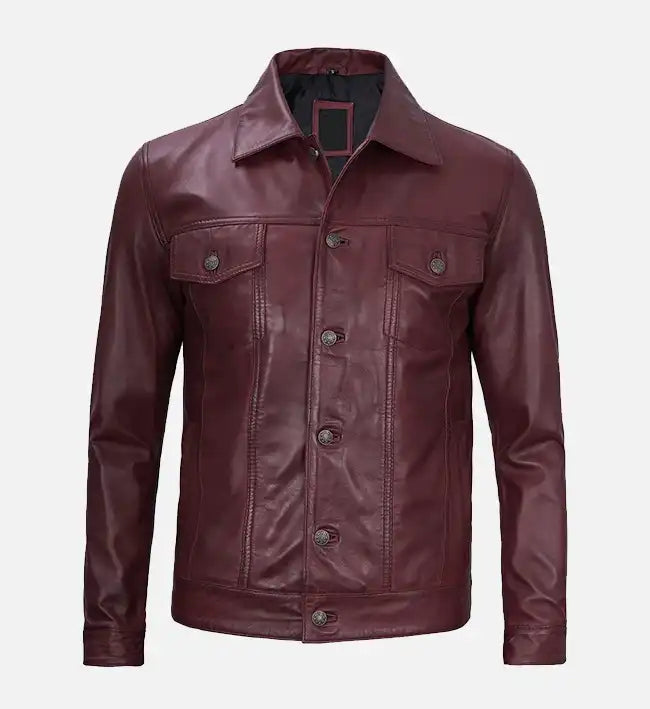 Men’s Sheepskin Trucker Leather Jacket – Camel Brown, Maroon & Blue with Shirt-Style Collar