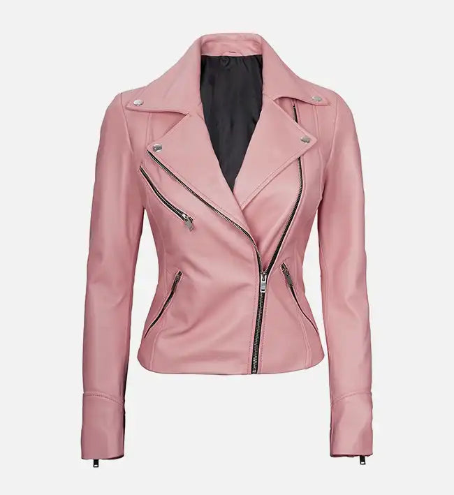 Women’s Signature Sheepskin Leather Biker Jacket – Green, Pink & White