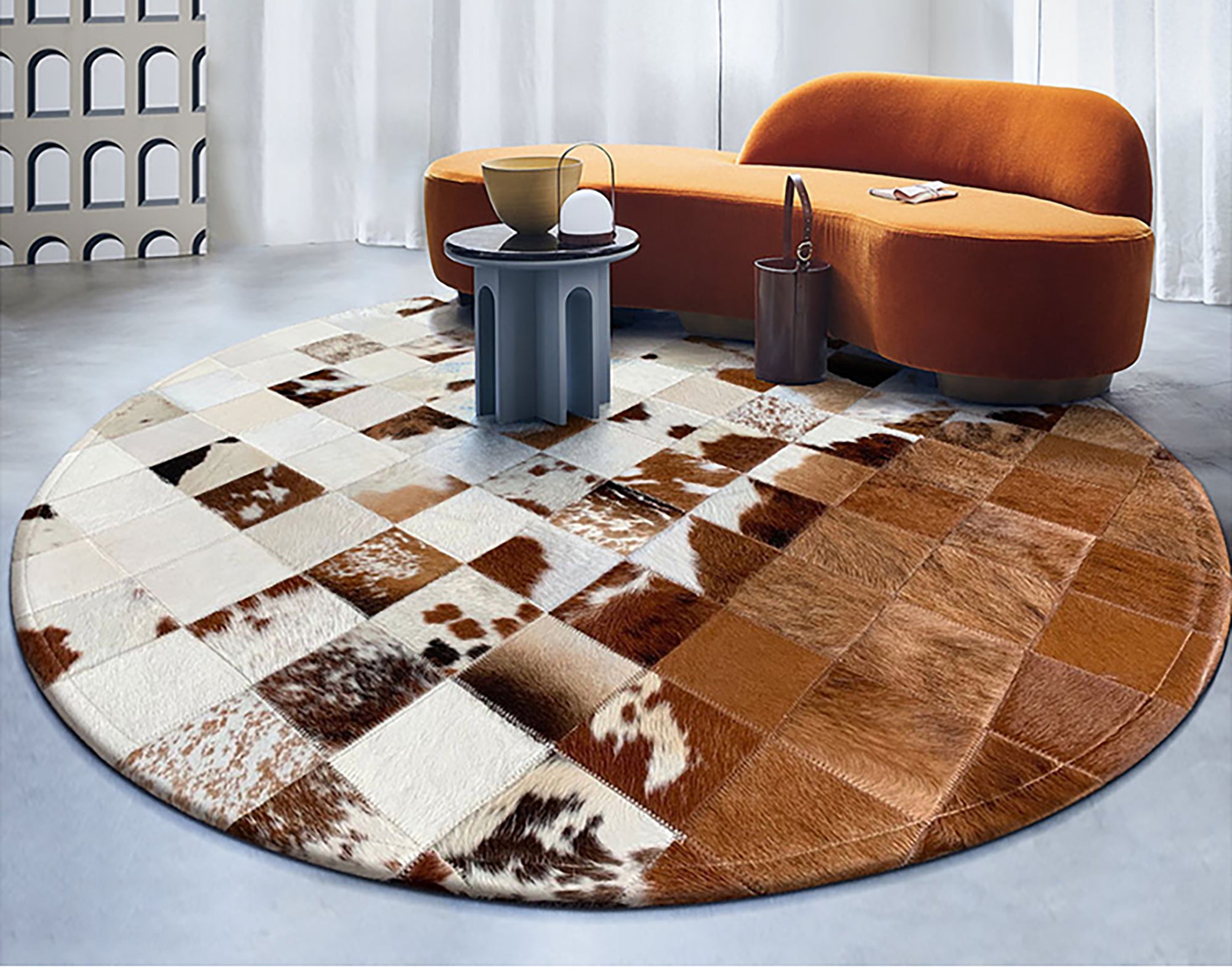 Genuine Hair-On Cowhide Patchwork Round Rug – Handmade Artistry