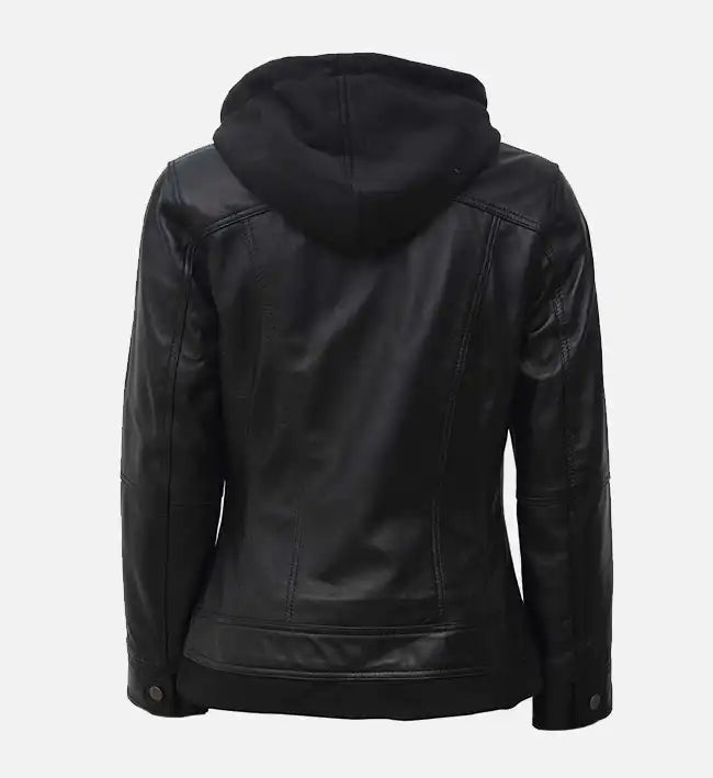 Women’s Sheepskin Leather Jacket – Black with Removable Hood