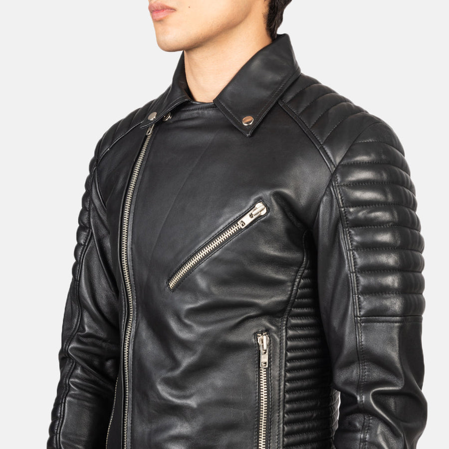 Men’s Semi-Aniline Sheepskin Leather Biker Jacket with Notch Collar