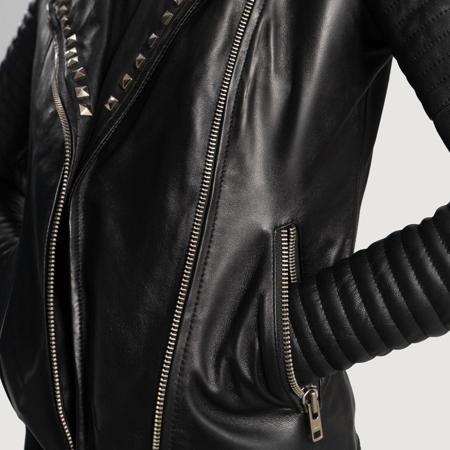 Genuine Sheepskin Studded Leather Biker Jacket For Women