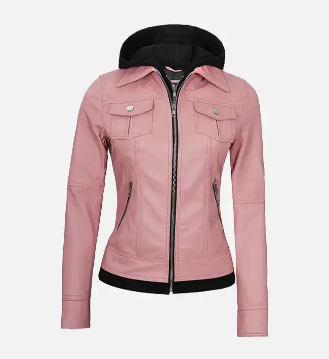 Women’s Sheepskin Leather Jacket – Off-White, Pink & Green with Removable Hood