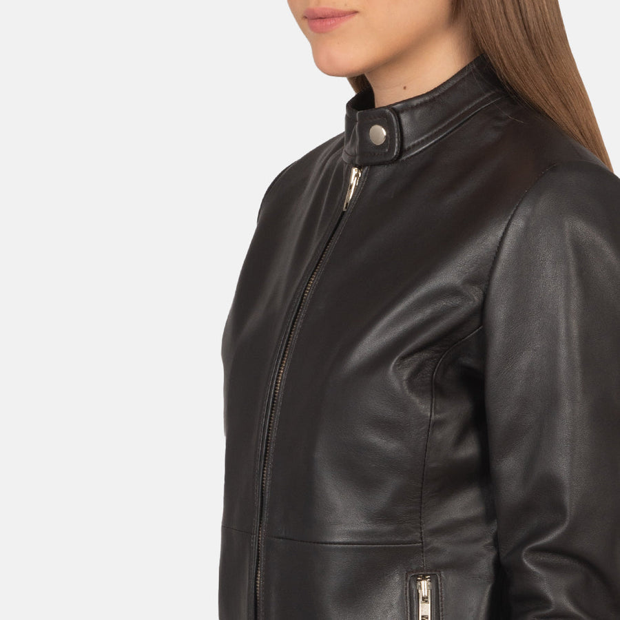Women’s Sheepskin Leather Bomber Jacket with Band Collar