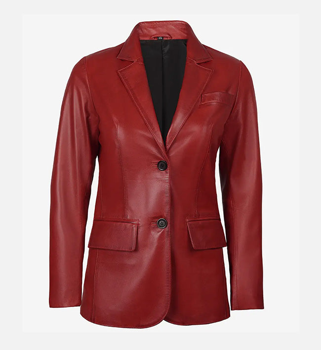 Women’s Sheepskin Two Button Real Leather Blazer – Red & Purple with Notched Lapel Collar