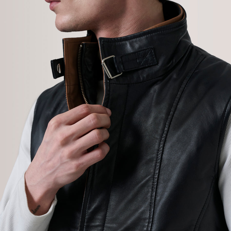 Men’s Semi-Aniline Sheepskin Leather Vest – Band Collar with Buckle