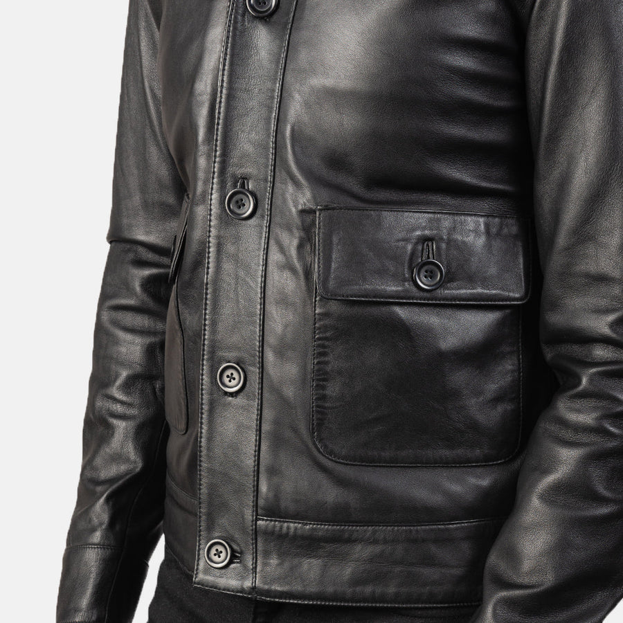 Men’s Sheepskin Leather Rider Jacket with High-Neck Buttoned Collar