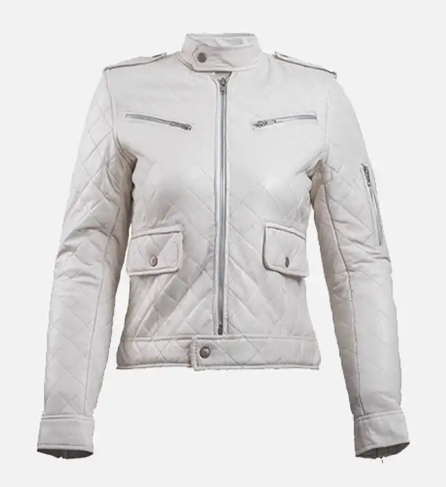 Women’s Sheepskin Leather Puffer Jacket – Black & White Quilted Design