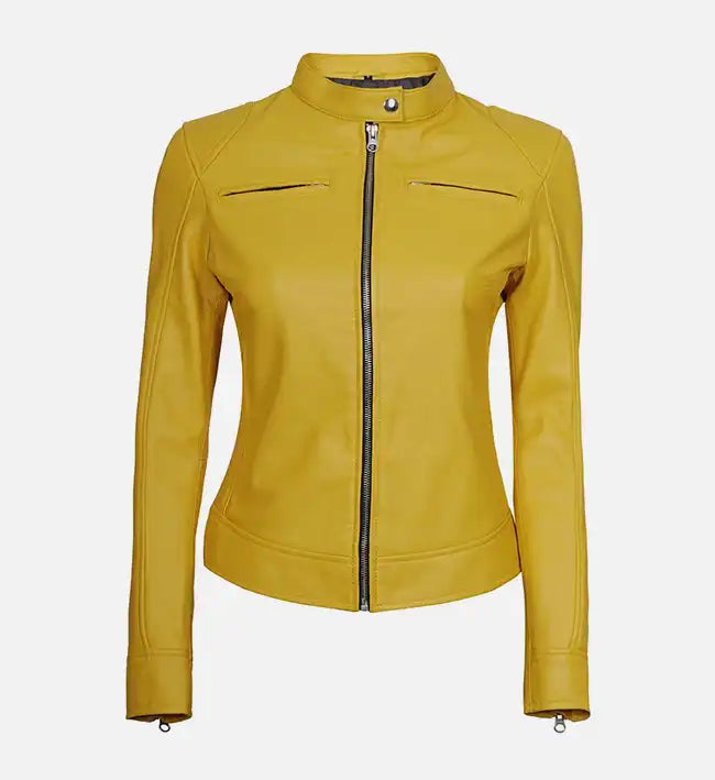 Women’s Sheepskin Leather Jacket – White & Yellow with Streamlined Design