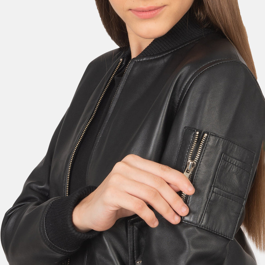 Genuine Sheepskin Leather Bomber Jacket For Women