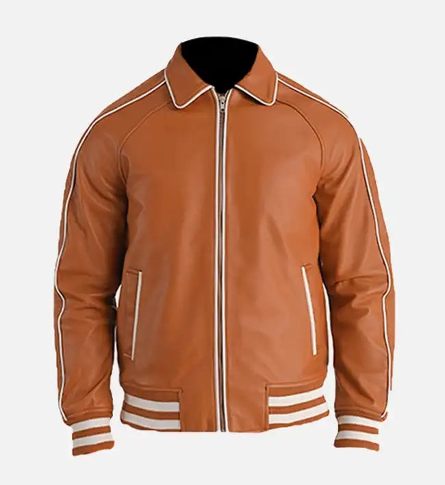 Men’s Sheepskin Leather Bomber Jacket – Shirt Collar with Ribbed Finish