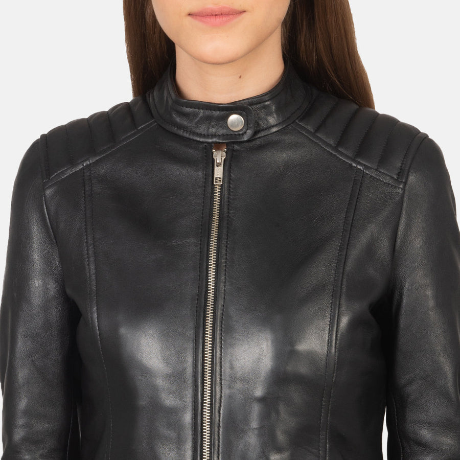 Women’s Sheepskin Genuine Leather Biker Jacket with Quilted Shoulders