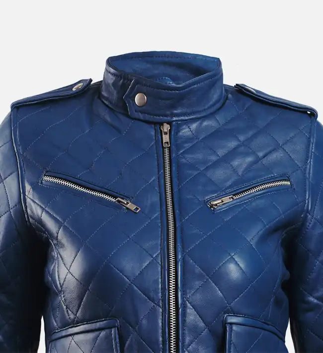 Women’s Sheepskin Leather Moto Jacket – Quilted Blue & Brown Design