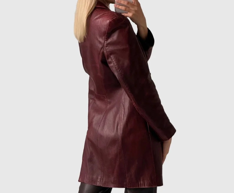 Women's Genuine Leather Long Coat - Burgundy Leather Trench for Girls - Luxury Leather Duster Coat
