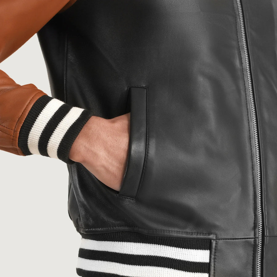 Men’s Varsity Leather Jacket – Real Sheepskin Semi-Aniline Bomber with Rib Knit Cuffs