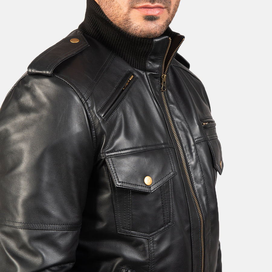 Men’s Sheepskin Leather Jacket with High-Neck Collar & Shoulder Epaulettes