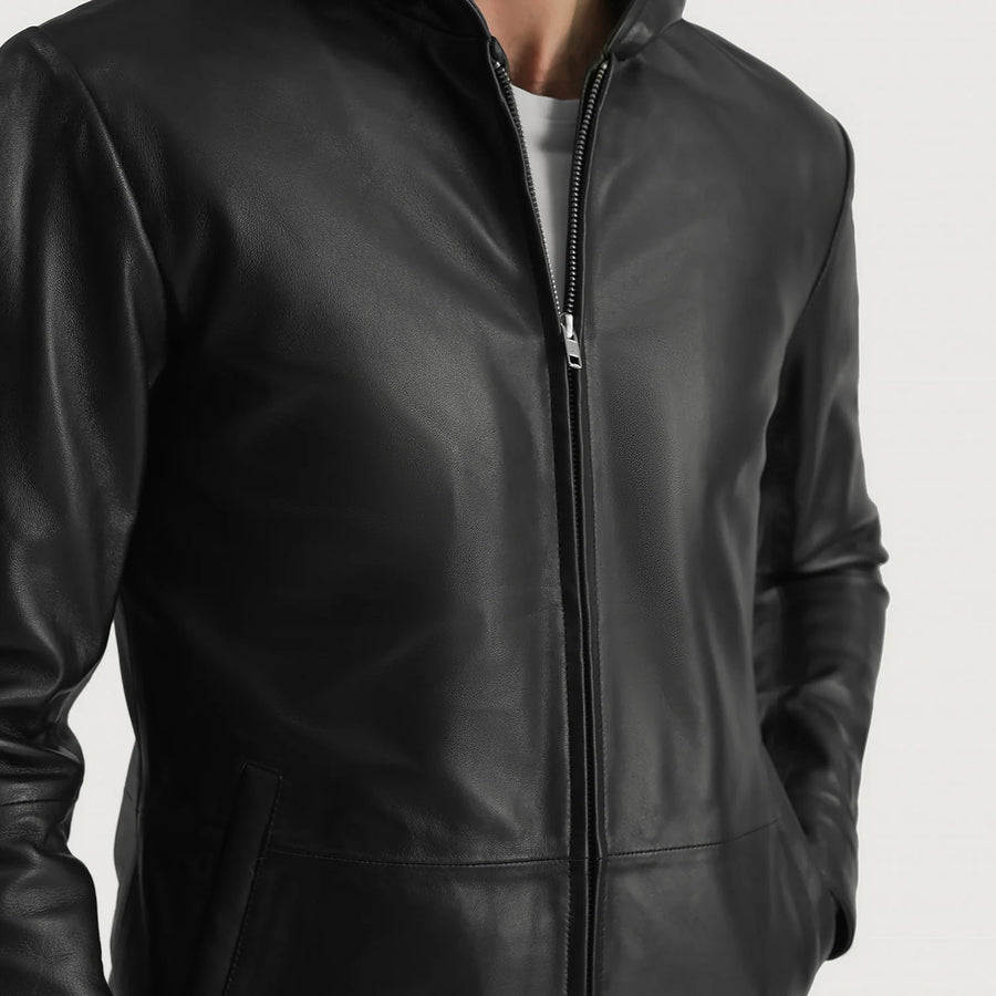 Men’s Sheepskin Genuine Leather Hooded Jacket – Matte Black