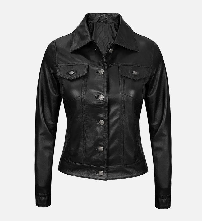 Women’s Sheepskin Leather Trucker Jacket – Brown, Black & Purple
