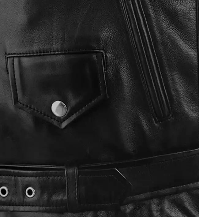 Men’s Black Sheepskin Leather Biker Jacket with Belted Waist