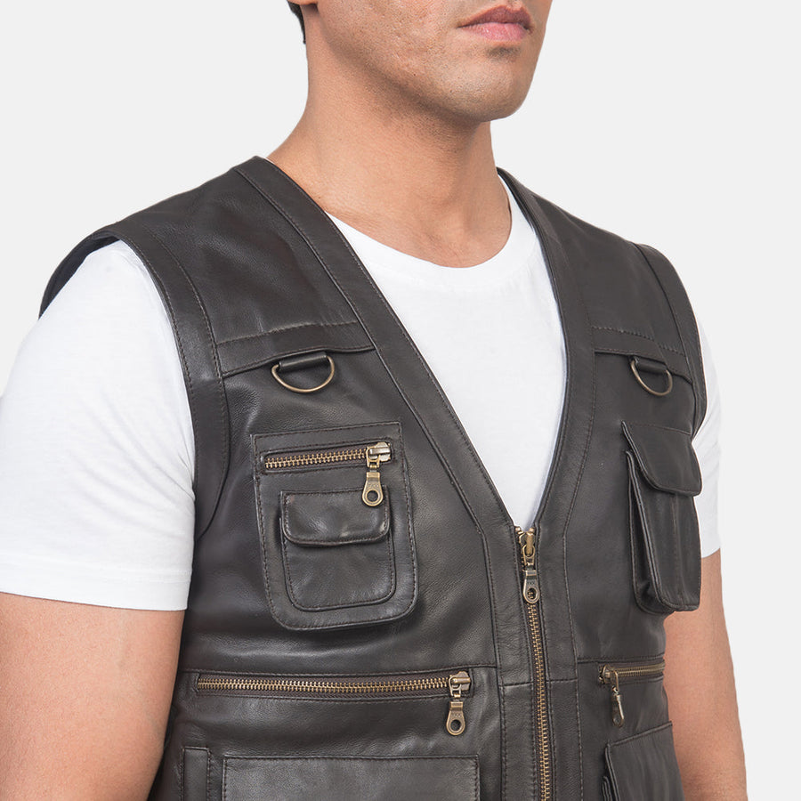 Men’s Brown Semi-Aniline Sheepskin Leather Vest with D-Rings