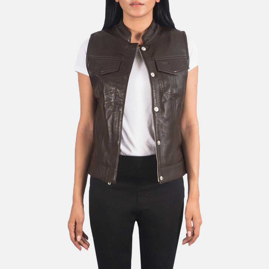 Women’s Black & Brown Sheepskin Leather Vest with Quilted Lining