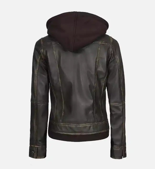 Women’s Sheepskin Leather Bomber Jacket – Dark Brown with Removable Hood