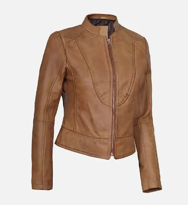 Women’s Sheepskin Leather Jacket – Brown with High Mandarin Collar