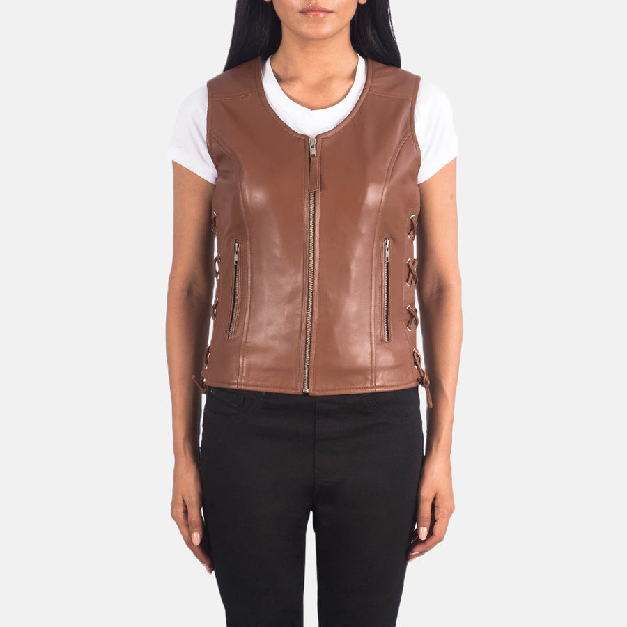 Women’s Black & Brown Sheepskin Leather Vest with V-Neck & Waist Laces