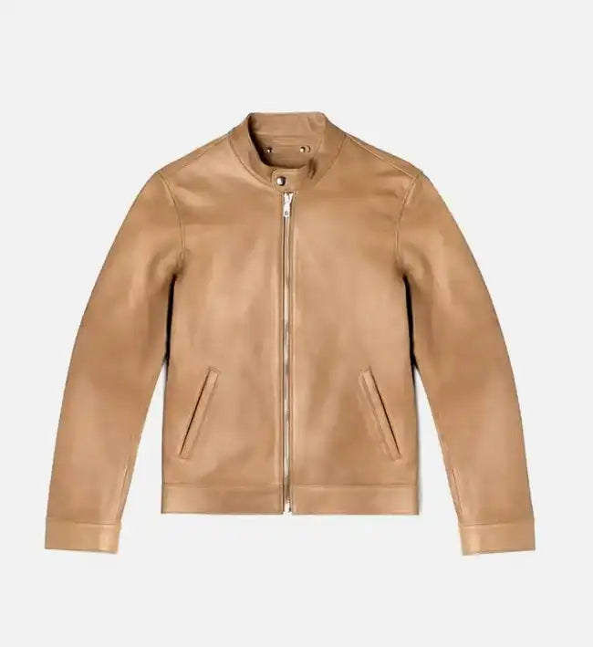 Genuine Sheepskin Leather Biker Jacket – Brown & Tan Brown with Streamlined Pattern Detailing
