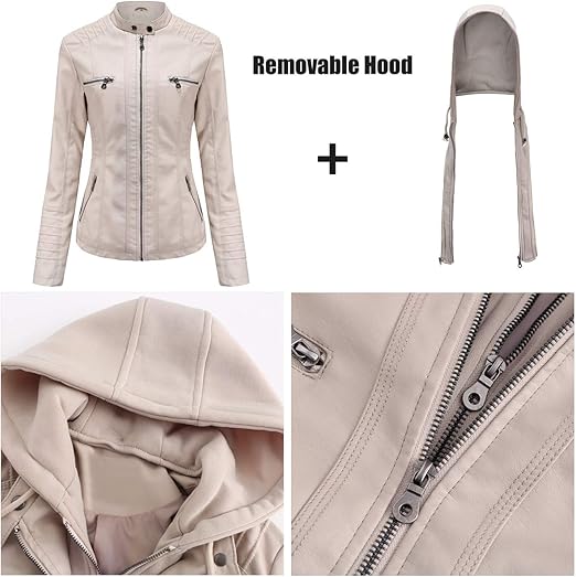 Detachable Hood Women's Real Leather Jacket - Classic Biker Style, Moto Chic Design