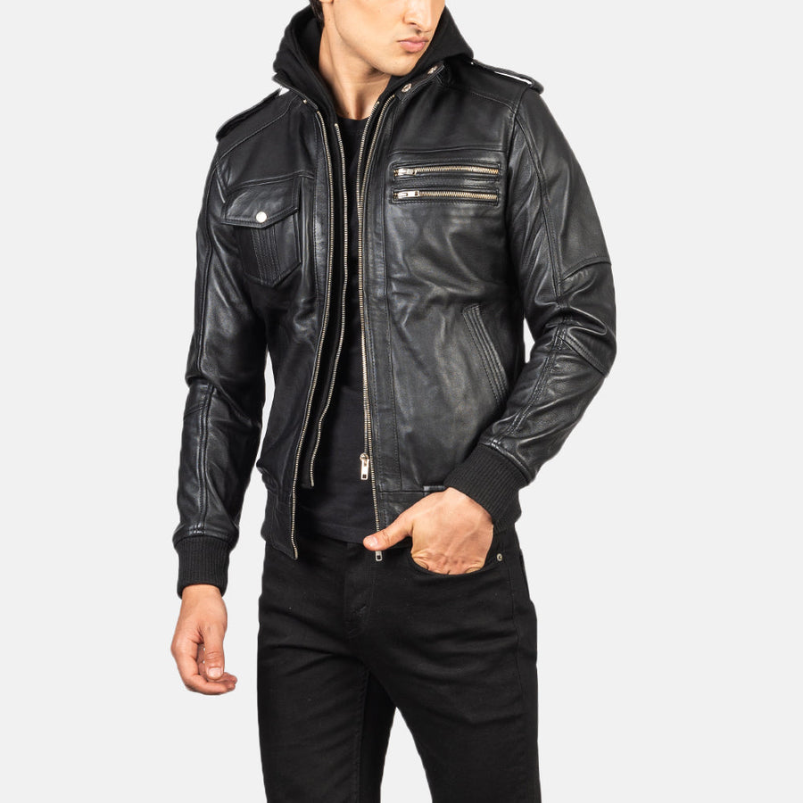 Men’s Sheepskin Leather Jacket with High-Neck Collar & Removable Hood