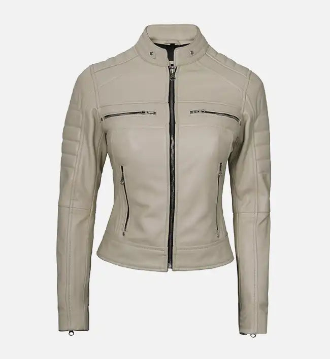 Women’s Sheepskin Leather Café Racer Jacket – Green & Beige with Quilted Shoulders