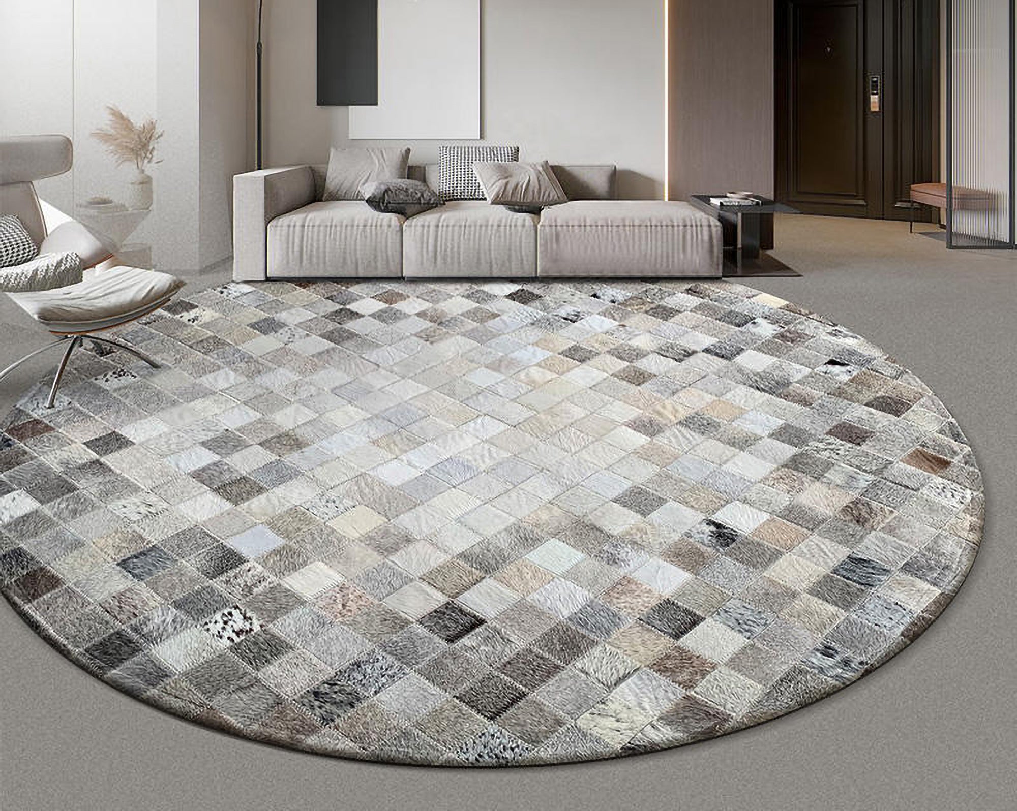 Handcrafted Hair-On Cowhide Patchwork Round Rug – Natural Beauty