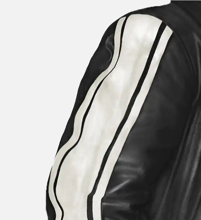 Men’s Vintage Sheepskin Leather Jacket – Black with White Stripe Detailing