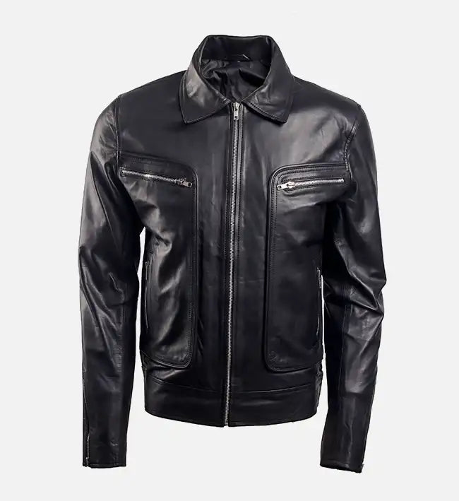 Genuine Sheepskin Brown & Black Leather Jacket with Zip Pocket For Men