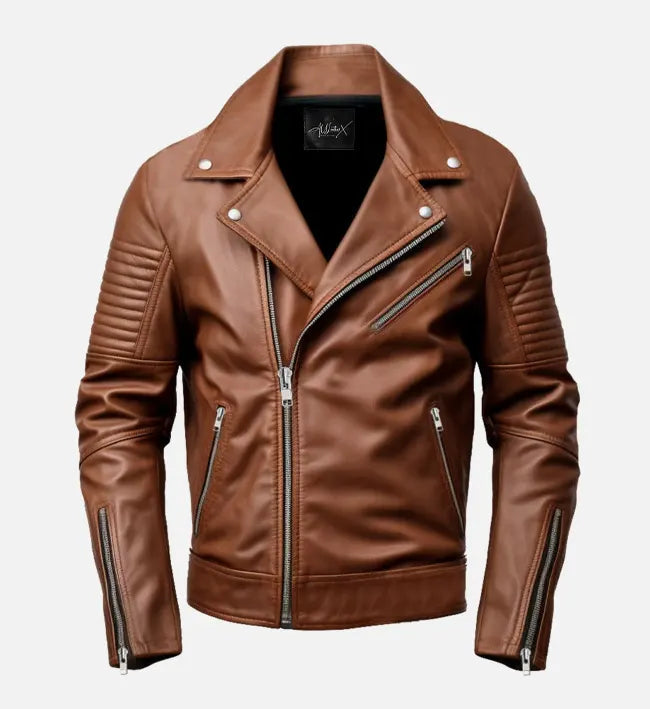 Men’s Sheepskin Leather Biker Jacket with Asymmetrical Zipper