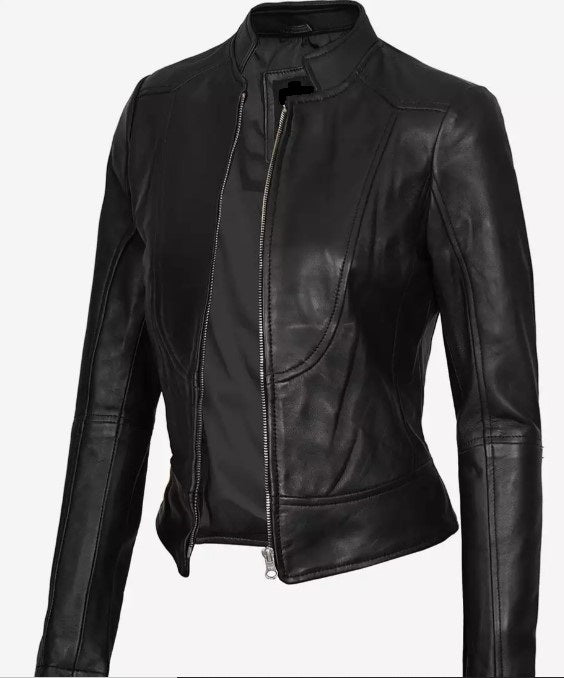 Women's Luxury Lambskin Leather Jacket - Classic Biker Style, Metal Zip Closure - Slim Fit Minimalist Design