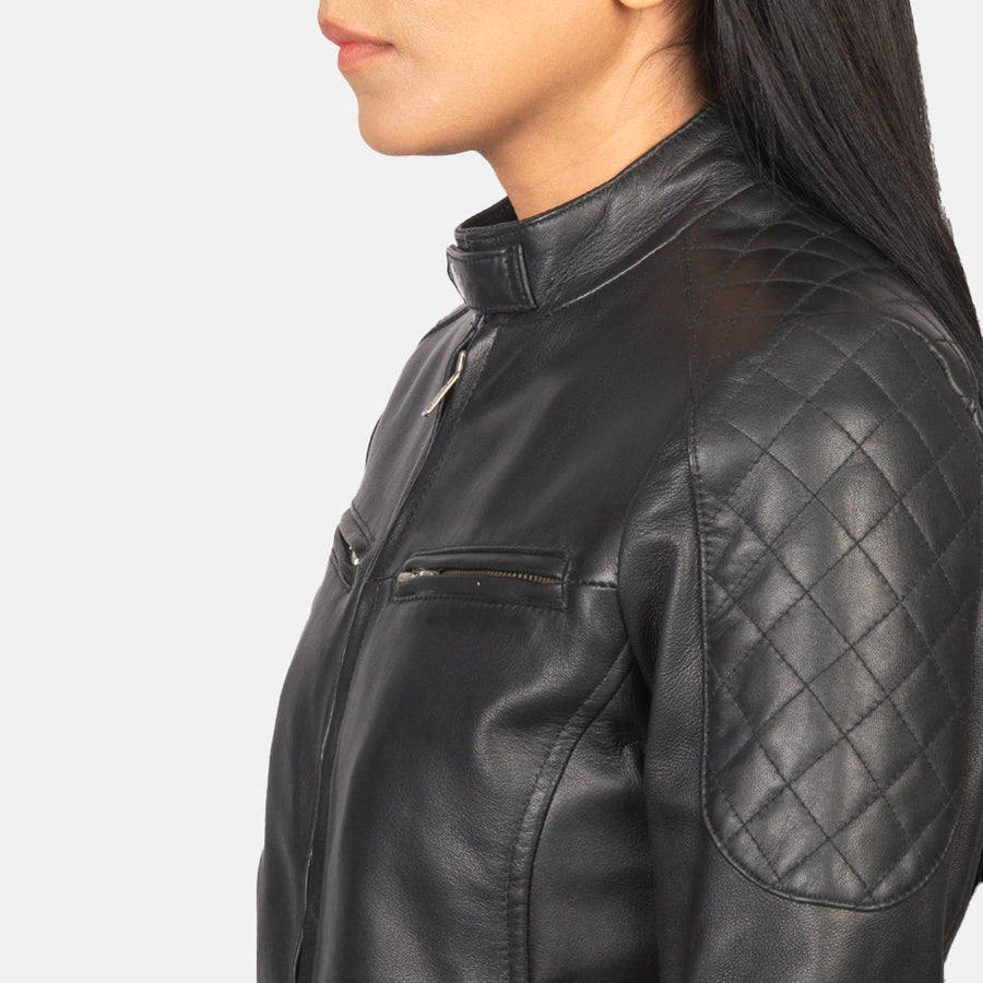 Women’s Black Genuine Sheepskin Leather Jacket with Band Collar