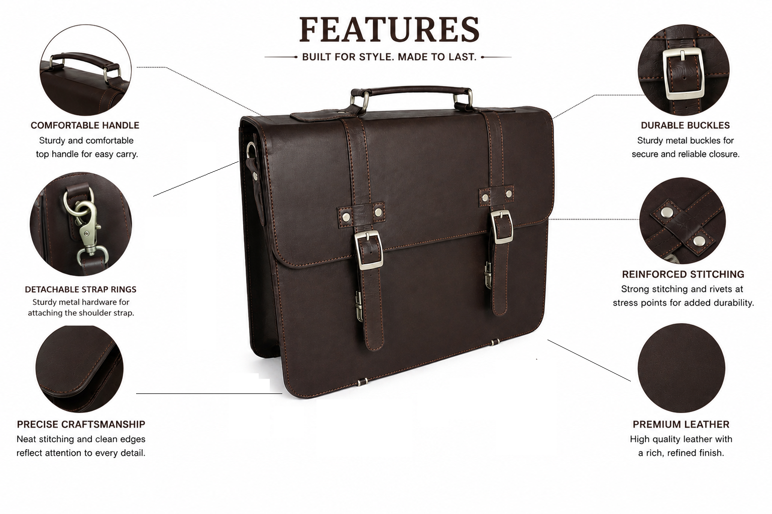 Handmade Full Grain Leather Briefcase – Unisex Real Cow Leather Laptop Office Bag with Detachable Shoulder Strap