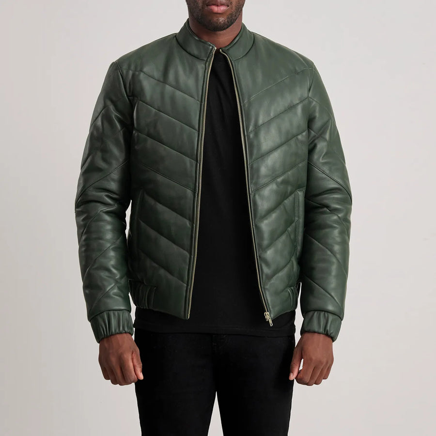 Men’s Sheepskin Real Leather Quilted Puffer Jacket with Band Collor