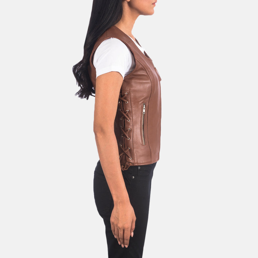 Women’s Black & Brown Sheepskin Leather Vest with V-Neck & Waist Laces