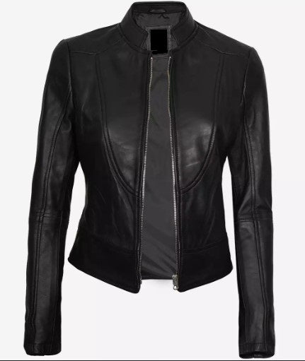 Women's Luxury Lambskin Leather Jacket - Classic Biker Style, Metal Zip Closure - Slim Fit Minimalist Design
