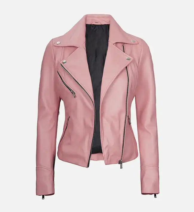 Women’s Signature Sheepskin Leather Biker Jacket – Green, Pink & White