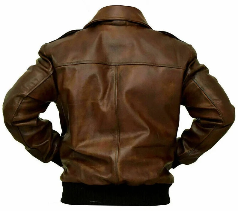 Men's Genuine Leather Bomber Jacket, Distressed Brown Leather Flight Jacket, Motorcycle Biker Aviator Style Jacket