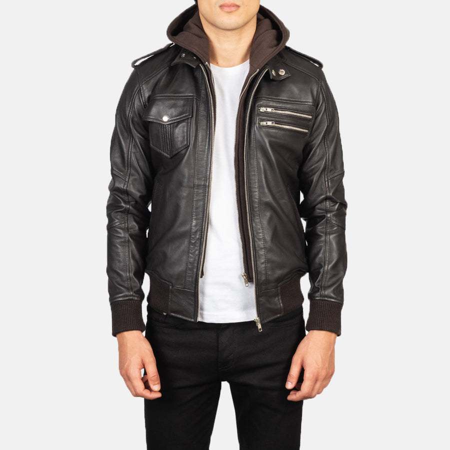 Men’s Sheepskin Leather Jacket with High-Neck Collar & Removable Hood
