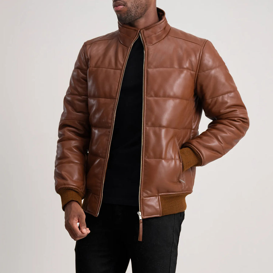 Men’s High-Neck Sheepskin Puffer Leather Jacket – Semi-Aniline Finish