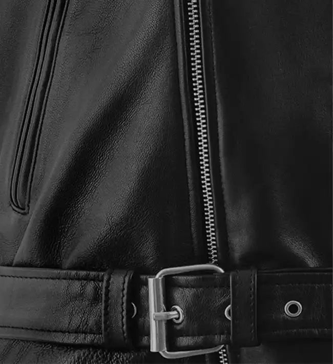 Men’s Black Sheepskin Leather Biker Jacket with Belted Waist